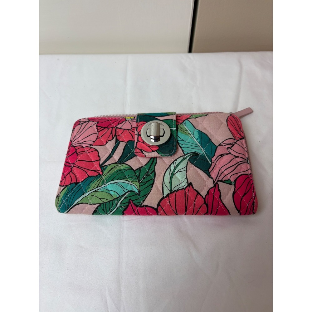 Vera Bradley Quilted Cotton Turnlock Wallet Pink Green Floral Tropical 0241